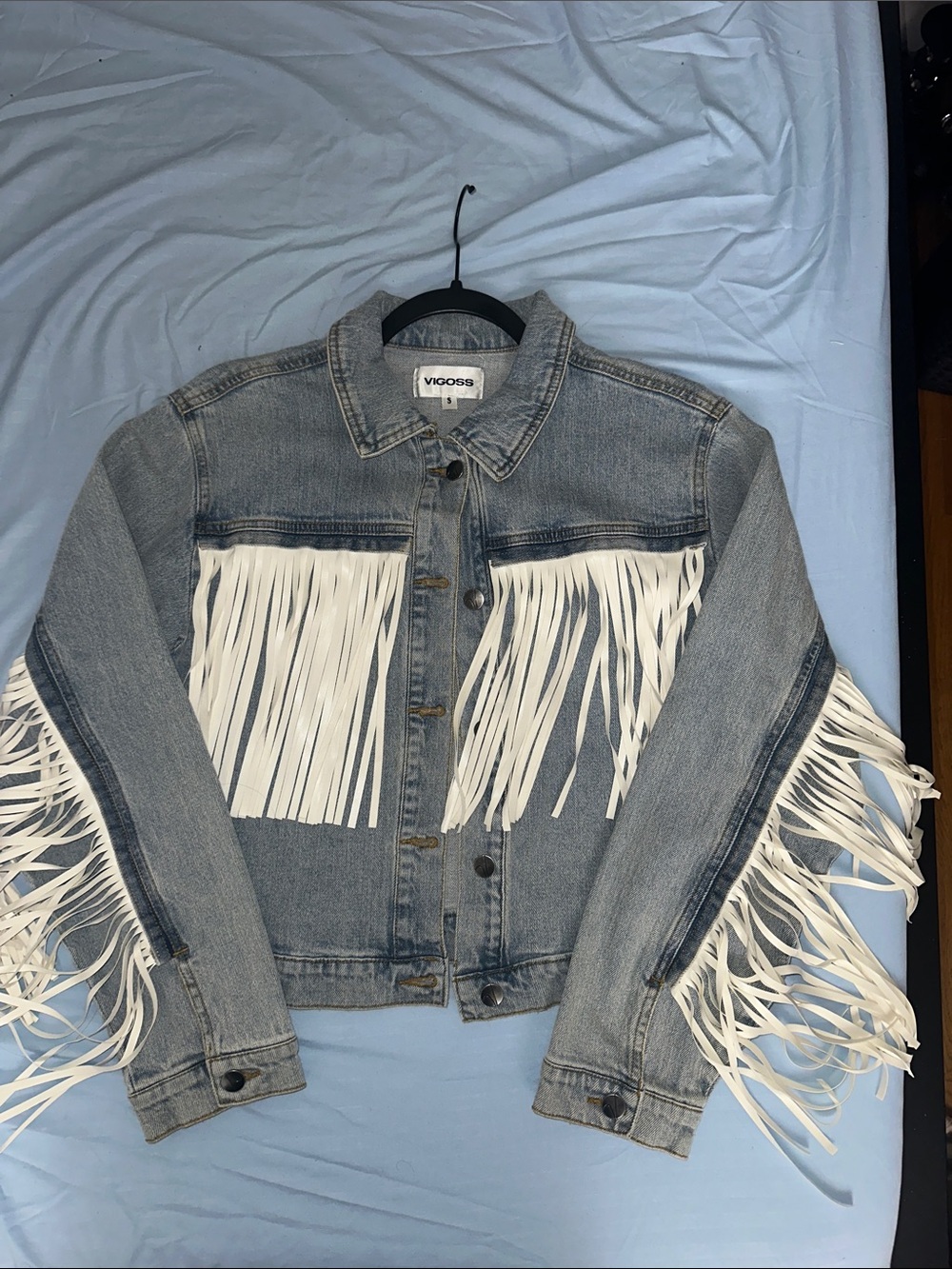 Vigoss Light Blue Denim Jacket with White Fringe Trim
